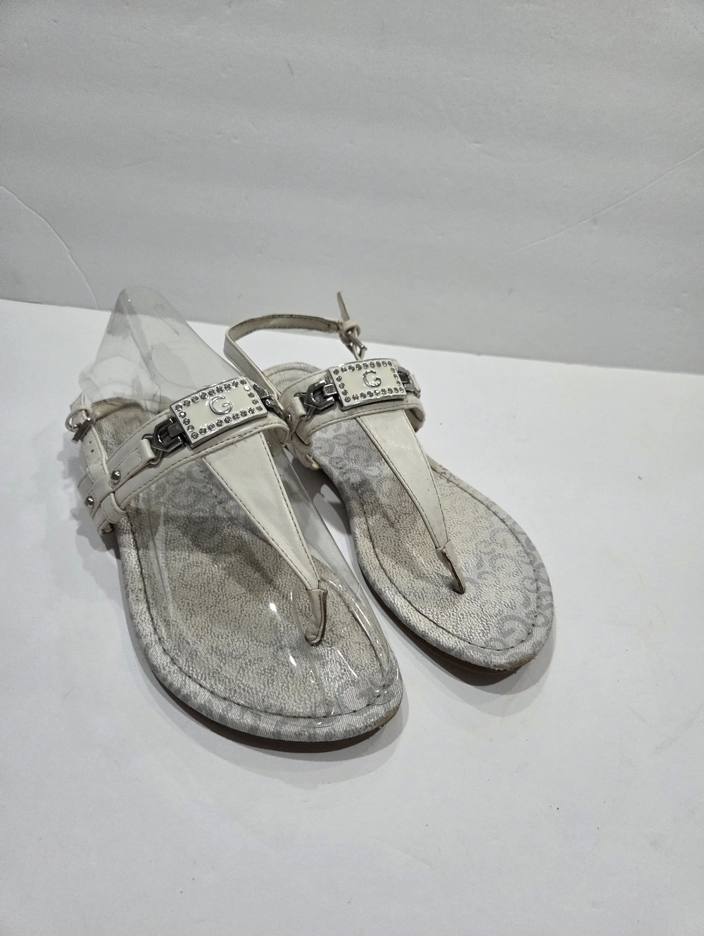 G By Guess White Thong Sandals   T-Strap Rhinestone Accent